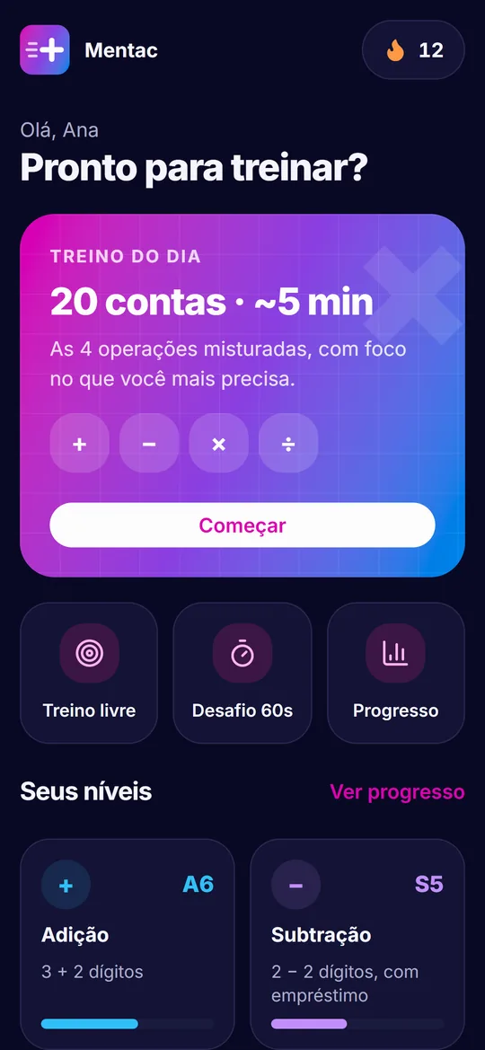 Tela inicial do app Mentac com o treino do dia
