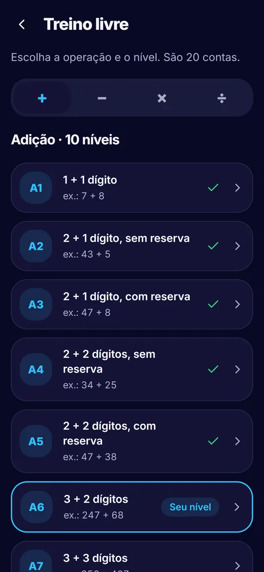 Treino livre com a lista de níveis de adição