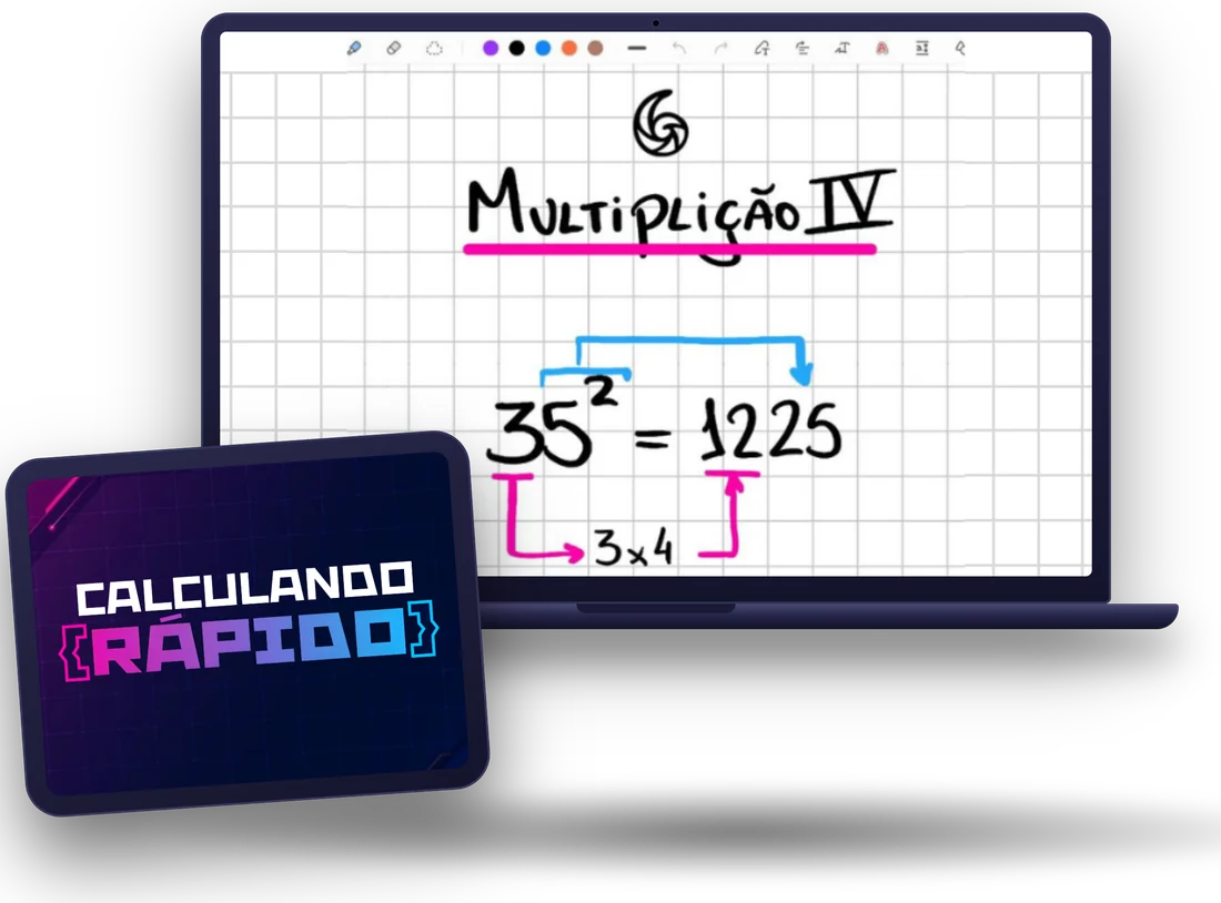 Aula de multiplicação do Calculando Rápido no notebook e capa do curso no tablet